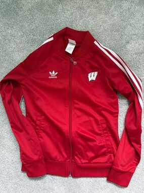 adidas Red and White Wisconsin Varsity-Style Track Jacket